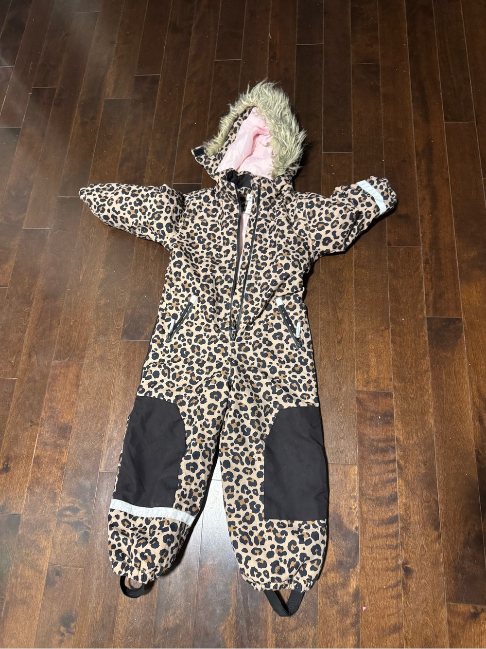 H&M Kids Leopard Print One-Piece Snowsuit with Faux Fur Hood - Pink Lining